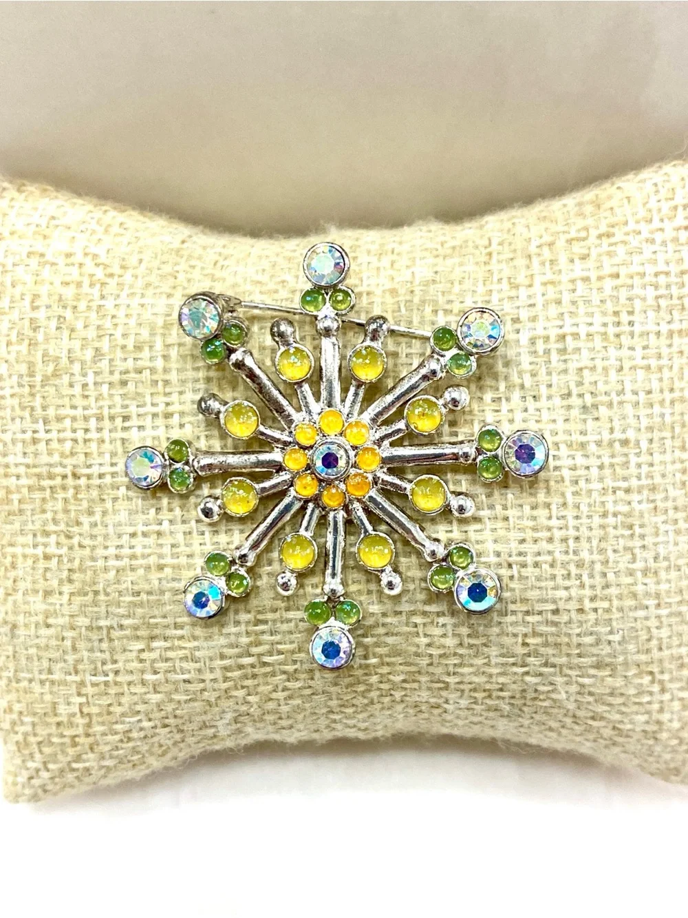 Anne Klein Silver Snowflake Brooch with Yellow, Green & Blue Stones